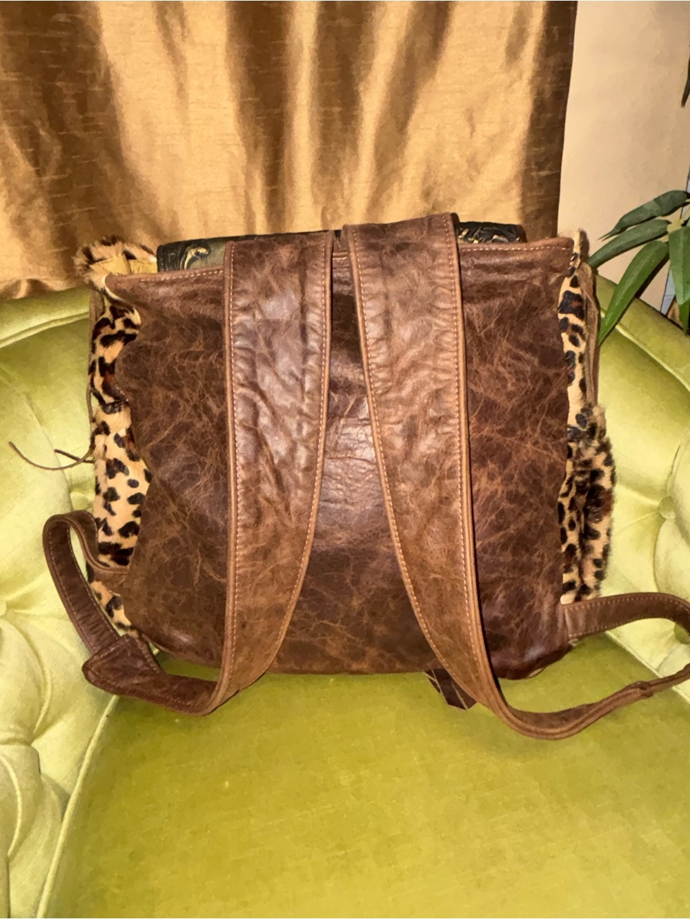 Metallic Cowhide / Leopard Fringe Bucket Handbag/ Backpack 18”X20” - Picture 5 of 14